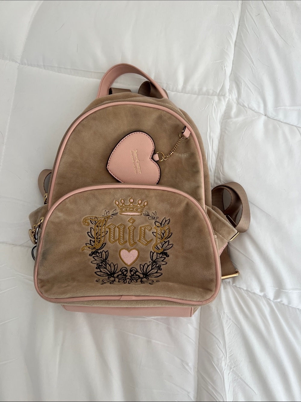 Juicy Couture Tan Velvet Backpack with Pink Trim and Heart Charm